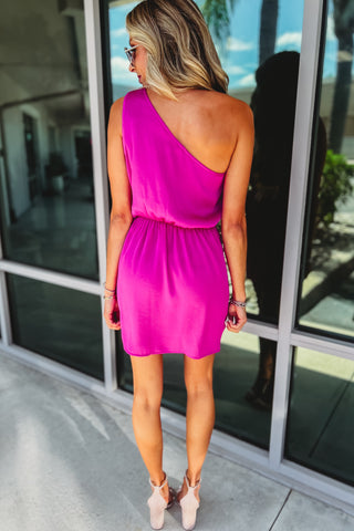 Life is Good One Shoulder Faux Wrap Orchid Dress