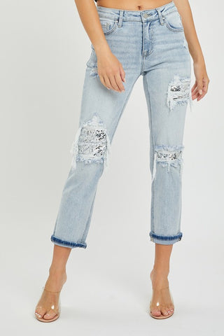 RISEN Gianna Mid Rise Sequin Patch Straight Leg Cropped Jeans