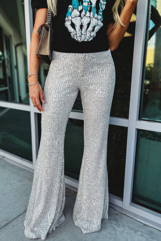 One Step Away Sequin Flare Pants