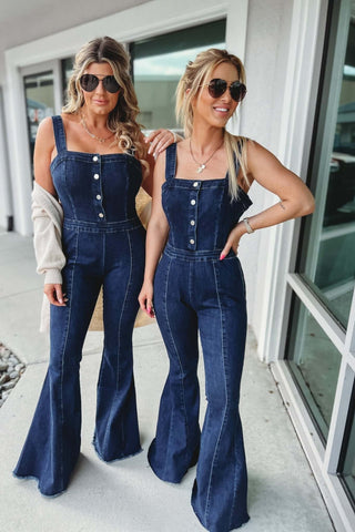 Alaina Square Neck Super Flare Denim Jumpsuit - Simply Me Boutique