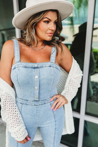 Alaina Square Neck Super Flare Denim Jumpsuit - Simply Me Boutique