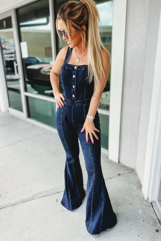Alaina Square Neck Super Flare Denim Jumpsuit - Simply Me Boutique