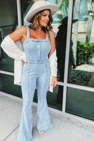 Alaina Square Neck Super Flare Denim Jumpsuit - Simply Me Boutique