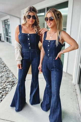 Alaina Square Neck Super Flare Denim Jumpsuit - Simply Me Boutique