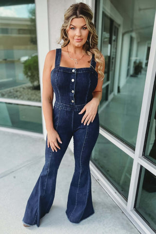Alaina Square Neck Super Flare Denim Jumpsuit - Simply Me Boutique