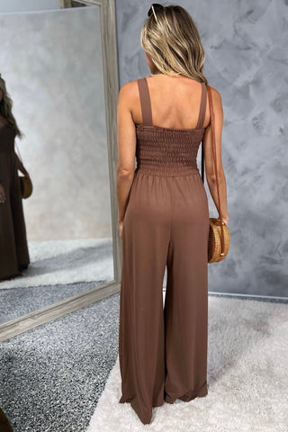 All I Need Brown Smocked Jumpsuit - Simply Me Boutique