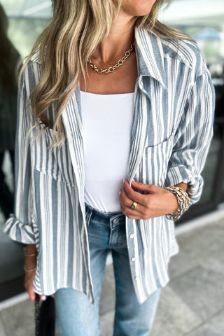 Boardwalk Bliss Striped Button Down Blue Top - Simply Me Boutique