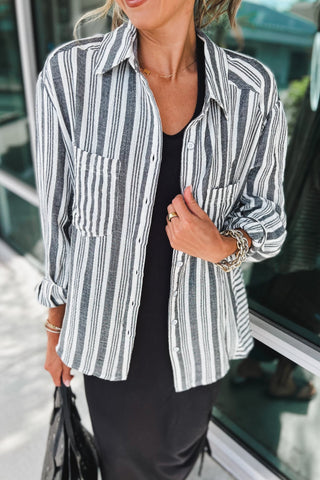 Boardwalk Bliss Striped Button Down Charcoal Top - Simply Me Boutique