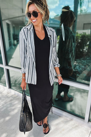 Boardwalk Bliss Striped Button Down Charcoal Top - Simply Me Boutique