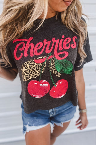 Cherries & Leopard Charcoal Graphic CROP Tee - Simply Me Boutique