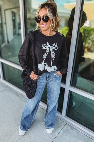 Cherry Checkered Bow Long Sleeve Cropped Graphic Tee - Simply Me Boutique