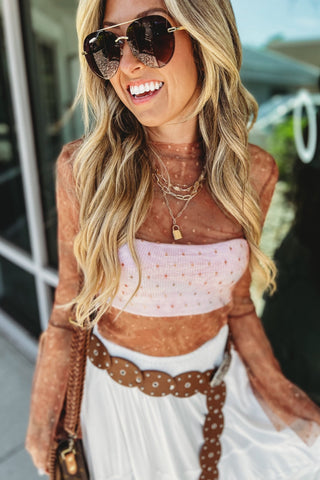 Desert Glow Sheer Mesh Bell Sleeve Mock Neck Top - Simply Me Boutique