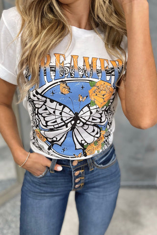 Dreamer Butterfly White Graphic Tee - Simply Me Boutique