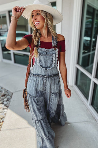 Free Spirit Lace Trim Denim Overalls Jumpsuit - Simply Me Boutique