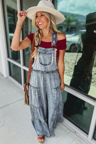 Free Spirit Lace Trim Denim Overalls Jumpsuit - Simply Me Boutique