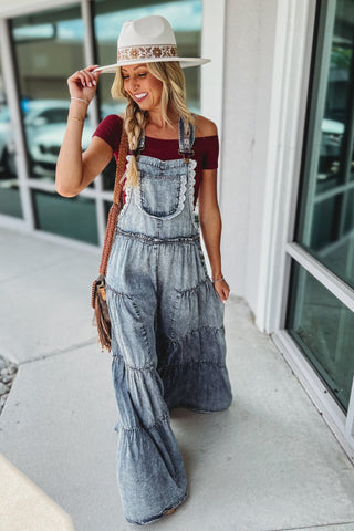 Free Spirit Lace Trim Denim Overalls Jumpsuit - Simply Me Boutique