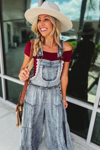 Free Spirit Lace Trim Denim Overalls Jumpsuit - Simply Me Boutique