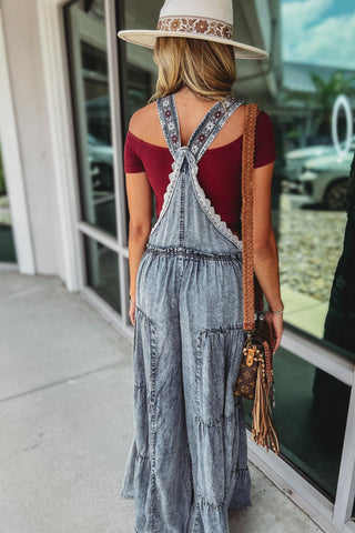 Free Spirit Lace Trim Denim Overalls Jumpsuit - Simply Me Boutique