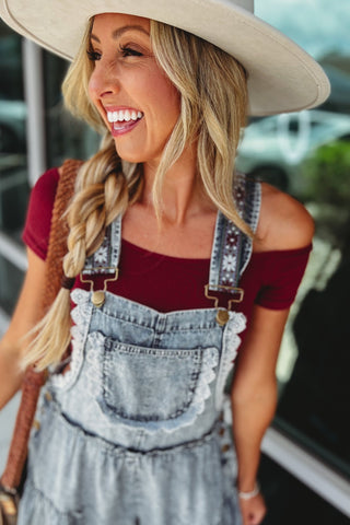 Free Spirit Lace Trim Denim Overalls Jumpsuit - Simply Me Boutique