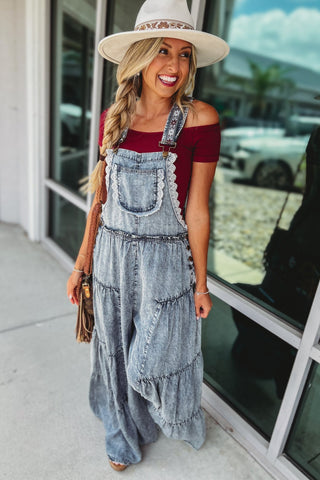 Free Spirit Lace Trim Denim Overalls Jumpsuit - Simply Me Boutique