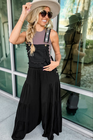Free Spirit Lace Trim Wide Leg Overalls (Black) - Simply Me Boutique