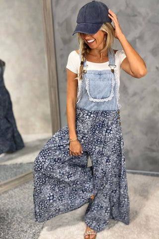 Free Spirit Paisley Lace Trim Wide Leg Overalls - Simply Me Boutique
