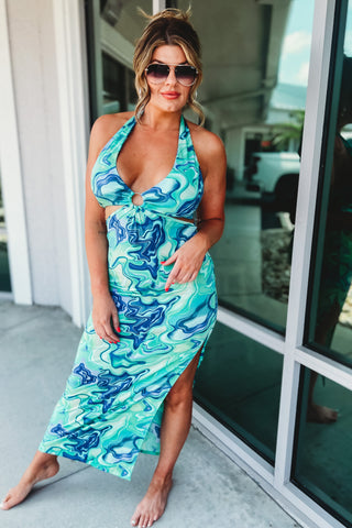 Captivating Swirls Tie Dye Blue Cutout Maxi Dress
