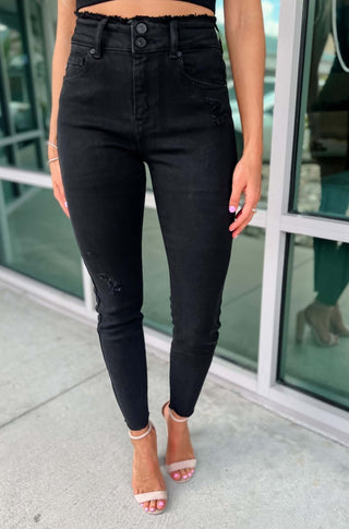 Kancan Bad Habits Double Button Raw Hem Ankle High Rise Skinny Jeans Black - Simply Me Boutique