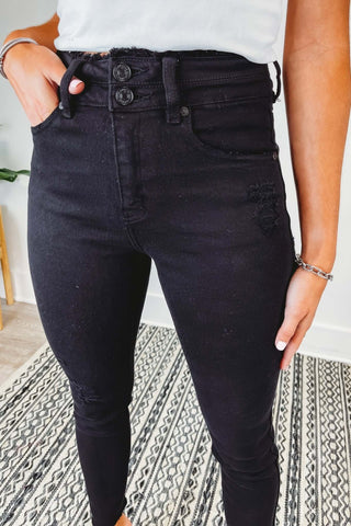 Kancan Bad Habits Double Button Raw Hem Ankle High Rise Skinny Jeans Black - Simply Me Boutique