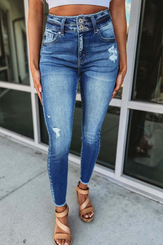 KanCan Bad Habits Double Button Raw Hem Ankle Medium Blue Wash Jeans - Simply Me Boutique