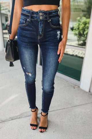 KanCan Jessie High Rise Double Button Dark Wash Jeans - Simply Me Boutique