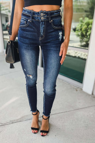 KanCan Jessie High Rise Double Button Dark Wash Jeans - Simply Me Boutique