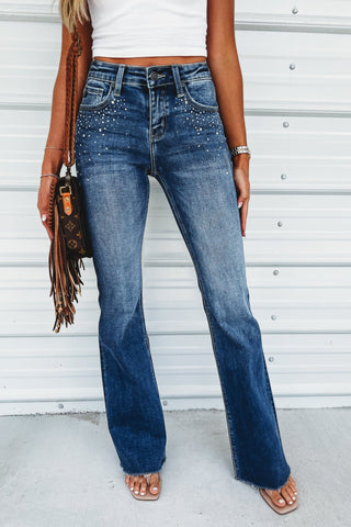 KANCAN Shimmer Mid Rise Flare Jeans - Simply Me Boutique