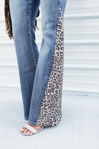 Kenzie Mid Rise Super Flare With Side Leopard - Simply Me Boutique
