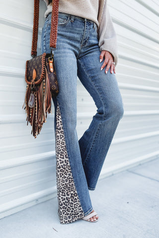 Kenzie Mid Rise Super Flare With Side Leopard - Simply Me Boutique