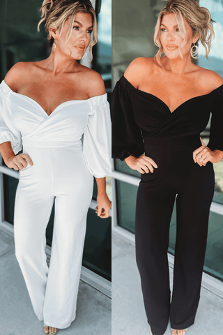 Marilyn Off Shoulder Puff Sleeve Jumpsuit 2 COLORS! - Simply Me Boutique