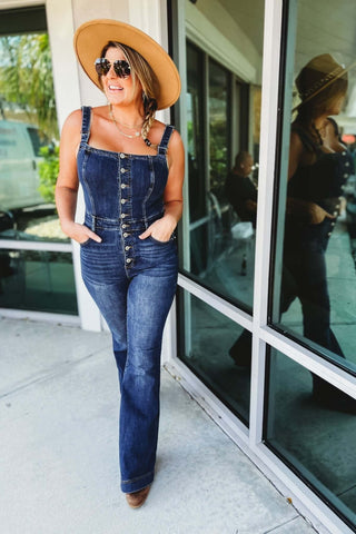 Miranda High Rise Front Button Dark Denim Flare Overalls - Simply Me Boutique