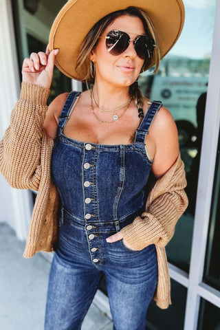 Miranda High Rise Front Button Dark Denim Flare Overalls - Simply Me Boutique