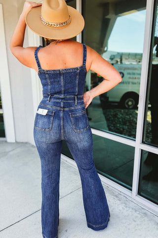 Miranda High Rise Front Button Dark Denim Flare Overalls - Simply Me Boutique