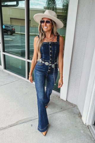 Miranda High Rise Front Button Dark Denim Flare Overalls - Simply Me Boutique