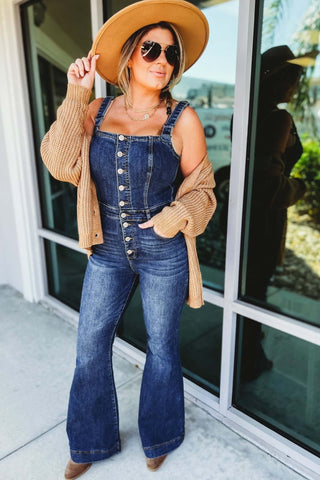 Miranda High Rise Front Button Dark Denim Flare Overalls - Simply Me Boutique