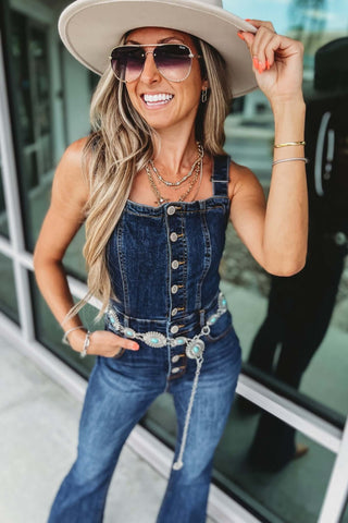 Miranda High Rise Front Button Dark Denim Flare Overalls - Simply Me Boutique