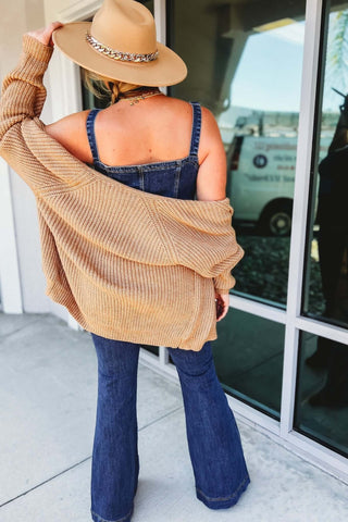 Miranda High Rise Front Button Dark Denim Flare Overalls - Simply Me Boutique