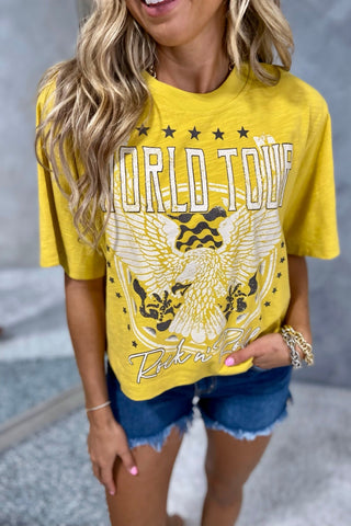 Mustard World Tour Graphic Crop Tee - Simply Me Boutique