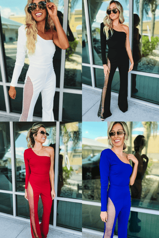 One Shoulder Mesh Rhinestone Jumpsuit 4 COLORS! - Simply Me Boutique