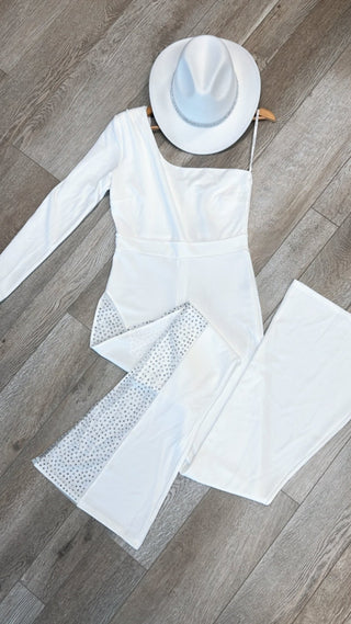 One Shoulder Mesh Rhinestone Jumpsuit 4 COLORS! - Simply Me Boutique