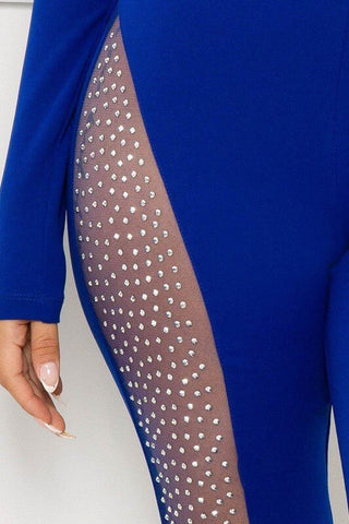 One Shoulder Mesh Rhinestone Long Sleeve Jumpsuit 4 Colors! - Simply Me Boutique