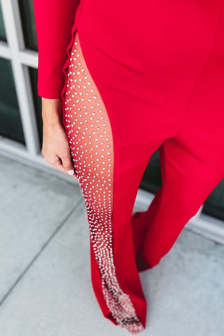 One Shoulder Mesh Rhinestone Long Sleeve Jumpsuit 4 Colors! - Simply Me Boutique