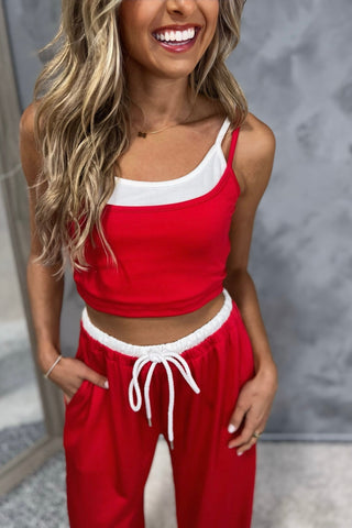Out & About Red Double Layer Crop Top Pants SET - Simply Me Boutique