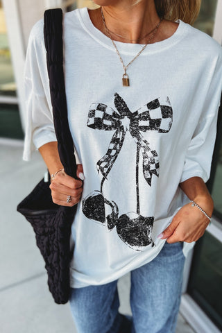 Oversized Cherry Checkered Distressed Bow Graphic Tee - Simply Me Boutique
